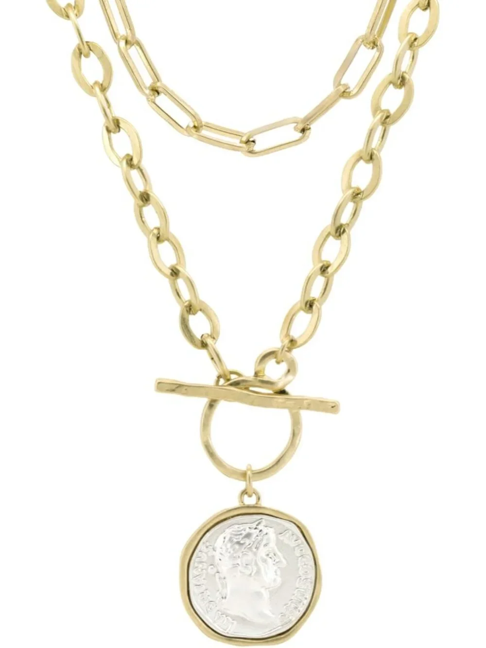 Chunky Coin Antique Gold Plated Thick Link Chain Layered Pendant Necklace for Wo - Picture 1 of 7